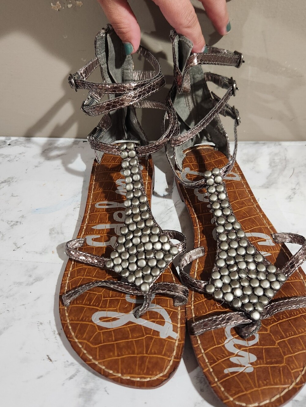 Sam Edelman Women's Ginger Gladiator Sandals Size 7 M Pewter Beaded Strappy